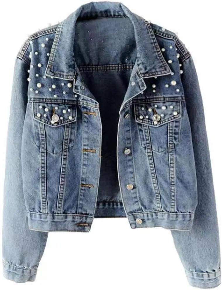 Oversize Pearl Embroidered Women's Ripped Distressed Casual Long Sleeve Denim Jacket Coat