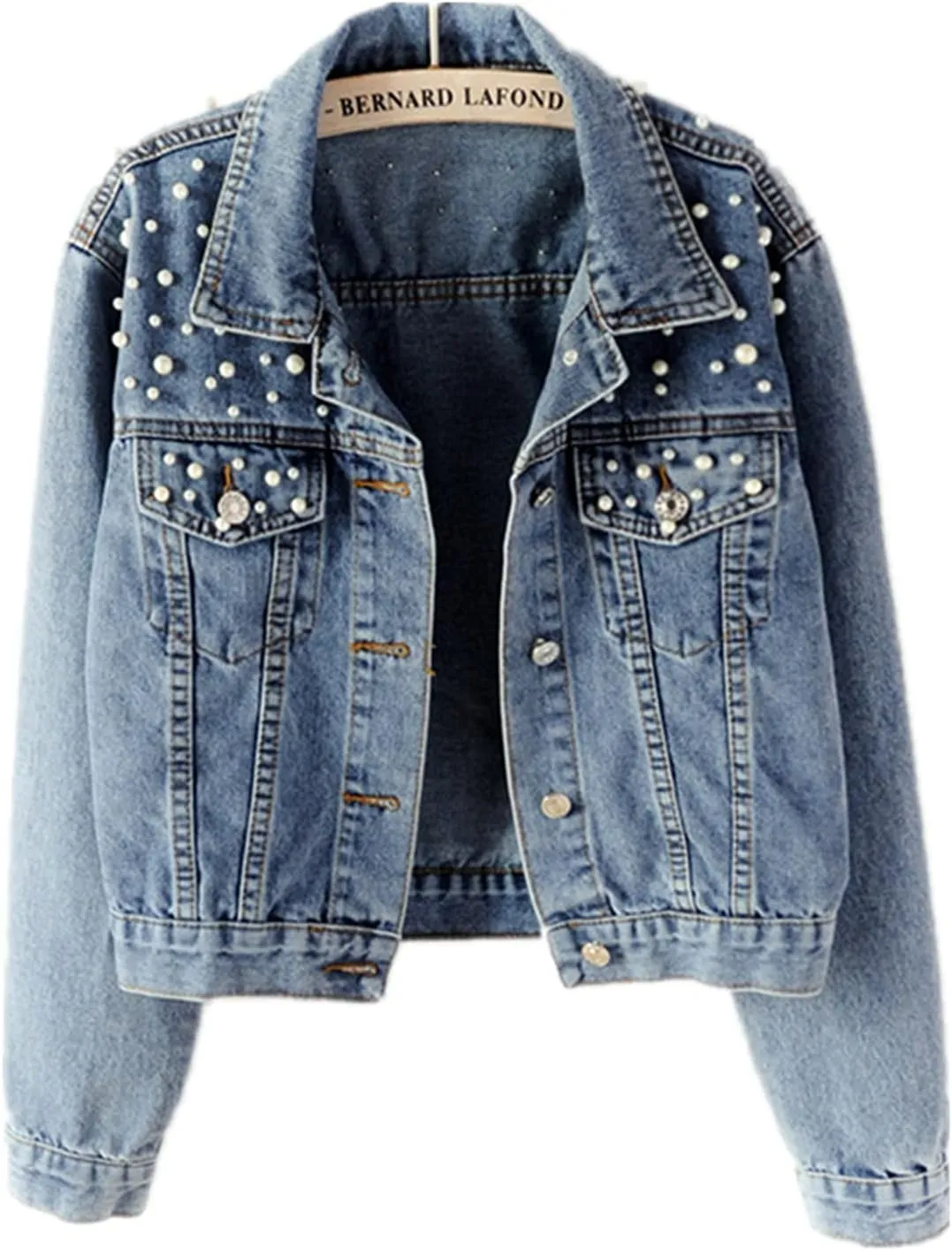 Oversize Pearl Embroidered Women's Ripped Distressed Casual Long Sleeve Denim Jacket Coat