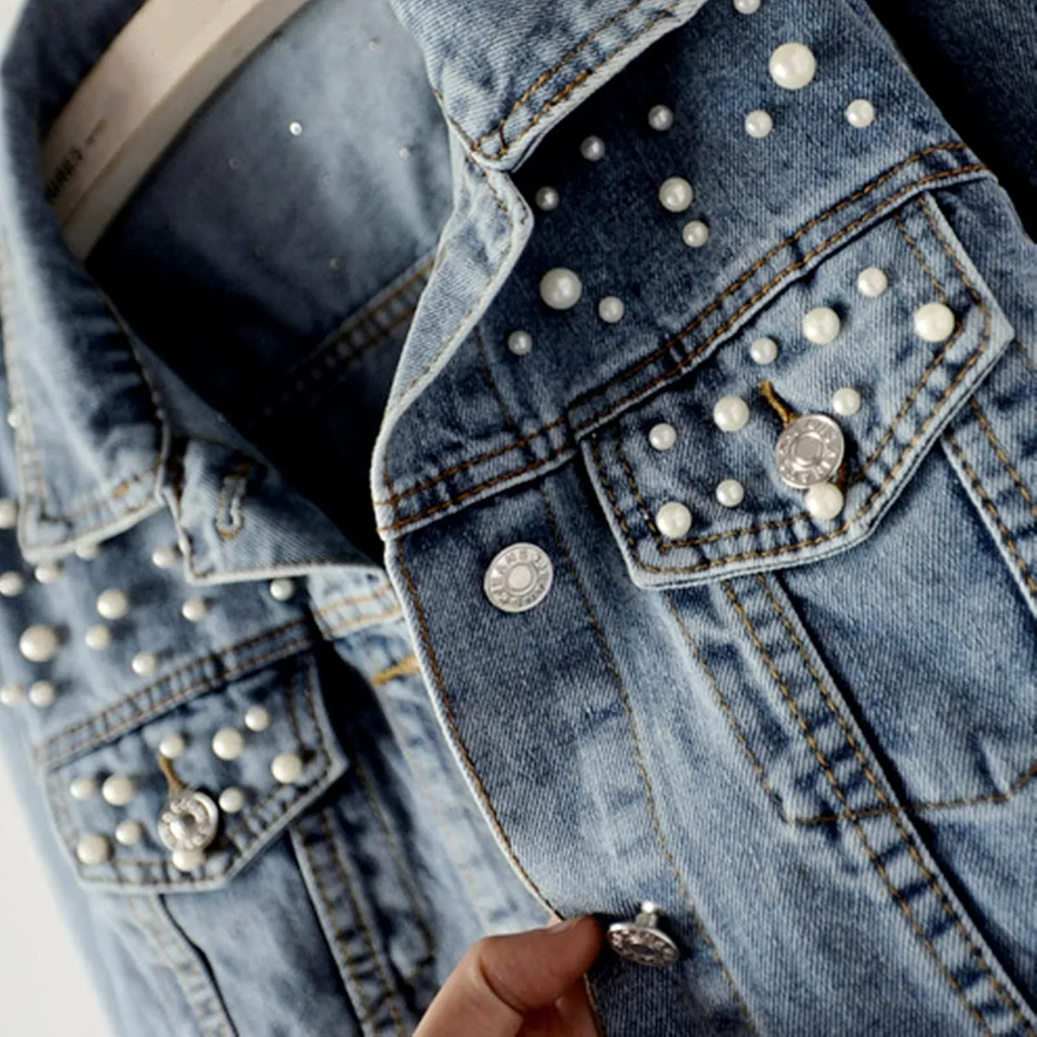 Oversize Pearl Embroidered Women's Ripped Distressed Casual Long Sleeve Denim Jacket Coat