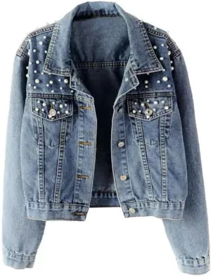 Oversize Pearl Embroidered Women's Ripped Distressed Casual Long Sleeve Denim Jacket Coat