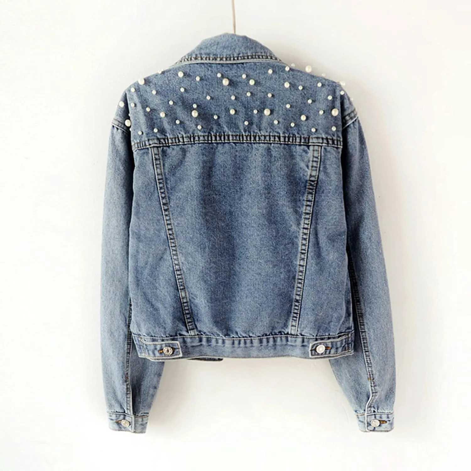 Oversize Pearl Embroidered Women's Ripped Distressed Casual Long Sleeve Denim Jacket Coat