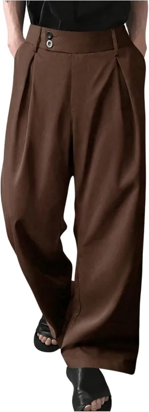 OYOANGLE Men's Pleated High Waist Wide Leg Pants Loose Fit Casual Pants with Pocket