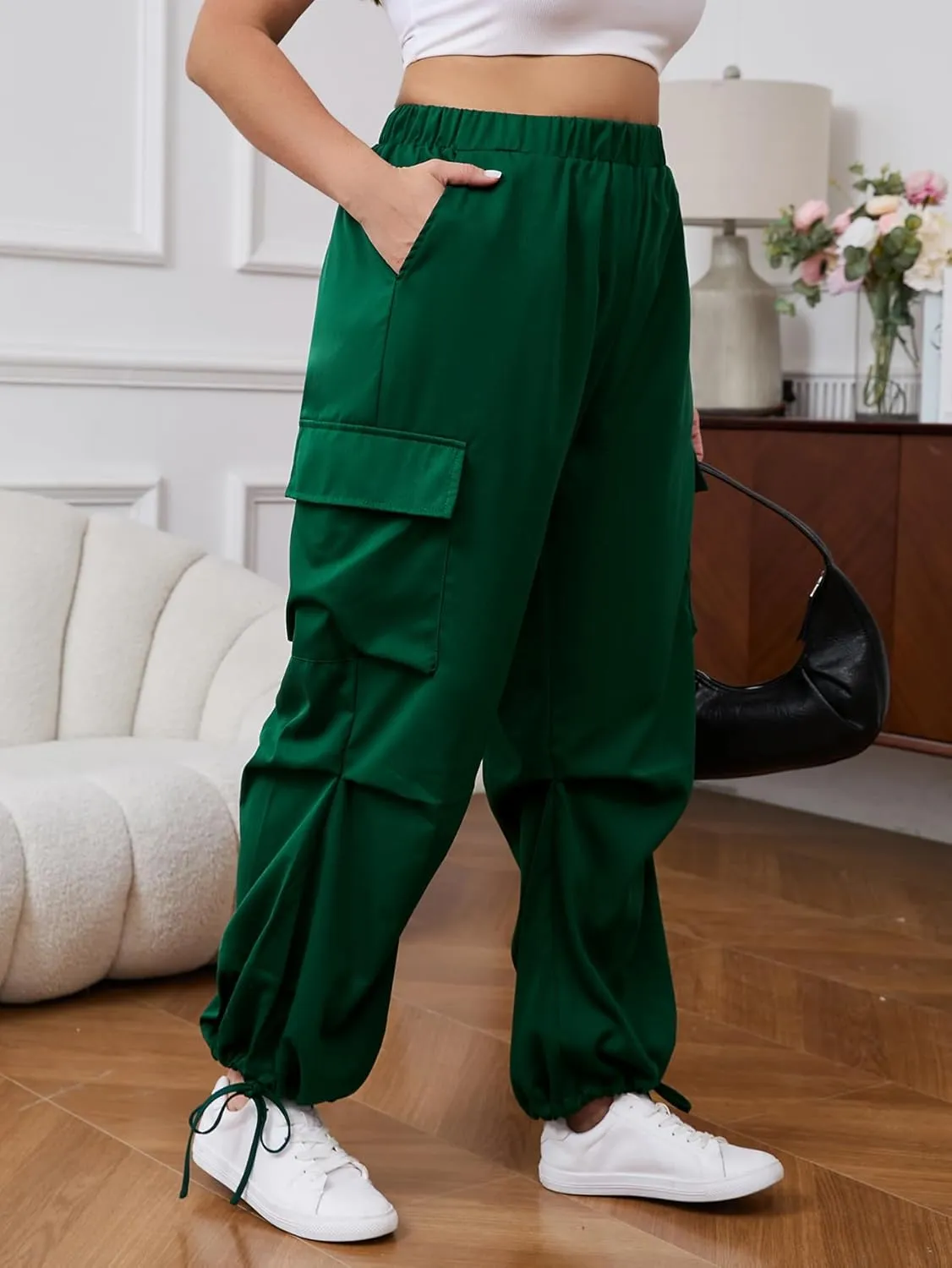 OYOANGLE Women's Plus Size Elastic High Waist Flap Pocket Cargo Pants Streetwear Loose Baggy Trousers with Pocket