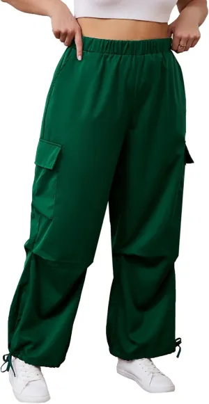 OYOANGLE Women's Plus Size Elastic High Waist Flap Pocket Cargo Pants Streetwear Loose Baggy Trousers with Pocket