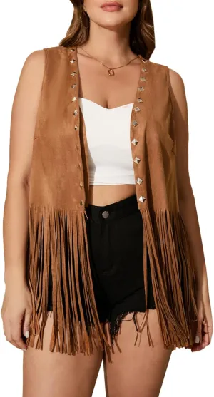 OYOANGLE Women's Plus Size Studded Fringe Trim Open Front Sleeveless Faux Suede Vest Jacket