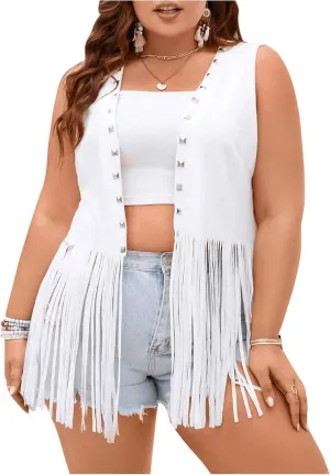OYOANGLE Women's Plus Size Studded Fringe Trim Open Front Sleeveless Faux Suede Vest Jacket