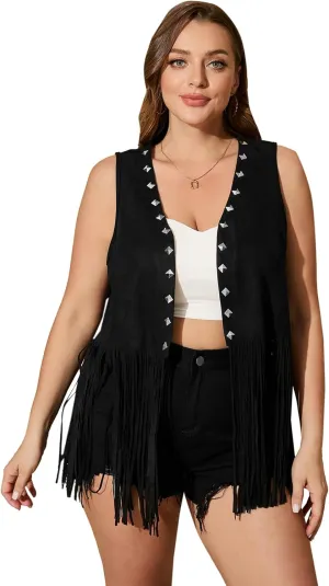OYOANGLE Women's Plus Size Studded Fringe Trim Open Front Sleeveless Faux Suede Vest Jacket