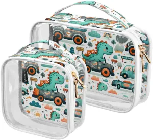 panksolu Clear Toiletry Bag with Handle Cute Dinosaur in Car Cartoon PVC Waterproof Makeup Bags for Women Men Traveling Clear Travel Pouch Cosmetic Bags,2 Pack