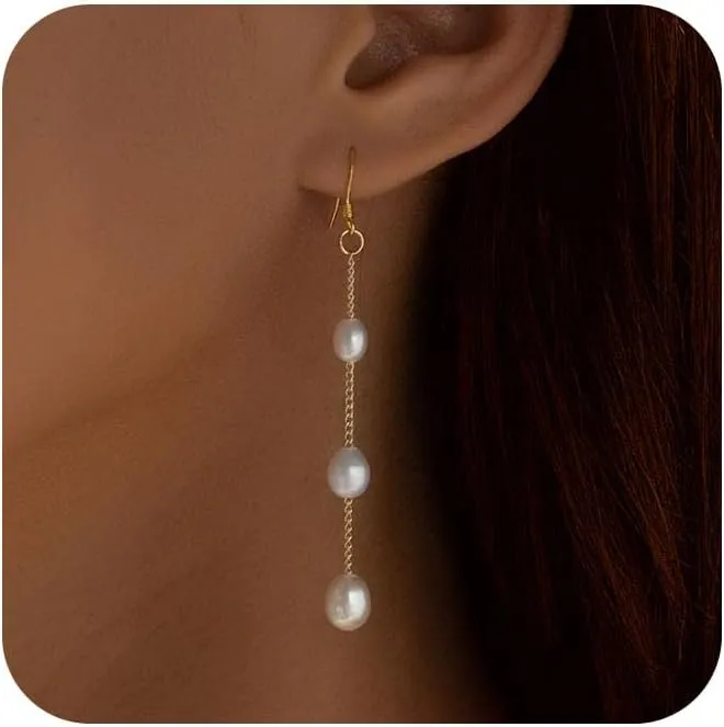 Pearl Drop Earrings for Women, Trendy 18k Gold Plated Pearl Dangle Earrings Dainty Pearl Earrings for Women Hypoallergenic Gold Tassel Earring Cute Pearl Jewelry Gifts for Her