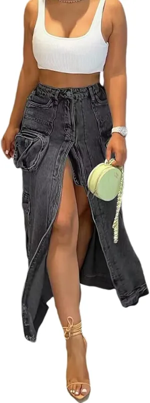 Perbai Women's Denim Maxi Pencil Skirt Y2K High Waisted Split Long Jean Cargo Skirt Streetwear with Pockets