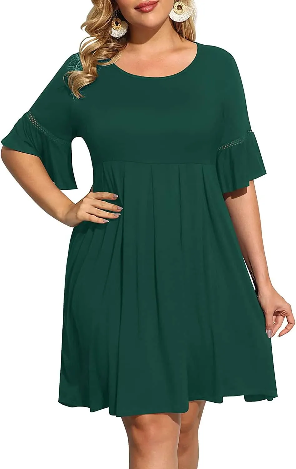 Pinup Fashion Women's Plus Size Bell Sleeve Round Neck Casual Summer Knit Babydoll Swing Sundress Pockets