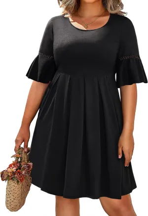 Pinup Fashion Women's Plus Size Bell Sleeve Round Neck Casual Summer Knit Babydoll Swing Sundress Pockets