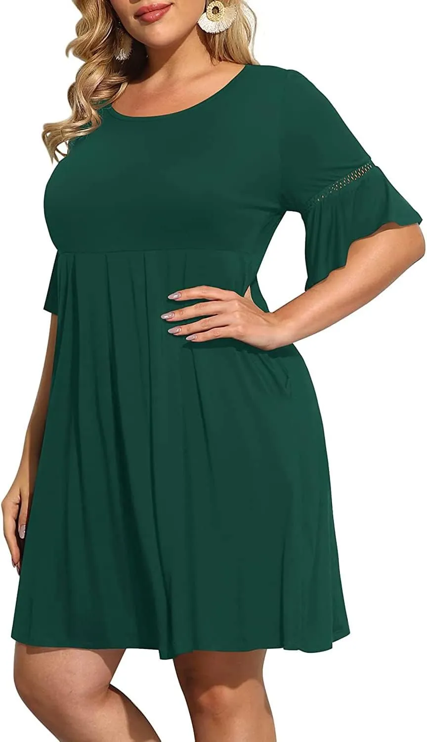Pinup Fashion Women's Plus Size Bell Sleeve Round Neck Casual Summer Knit Babydoll Swing Sundress Pockets