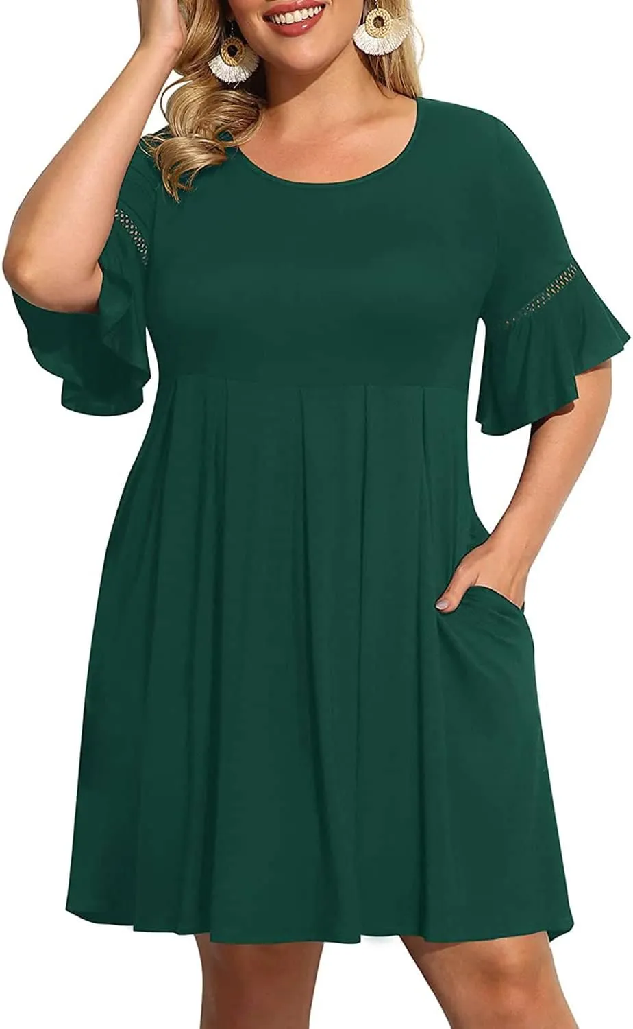 Pinup Fashion Women's Plus Size Bell Sleeve Round Neck Casual Summer Knit Babydoll Swing Sundress Pockets