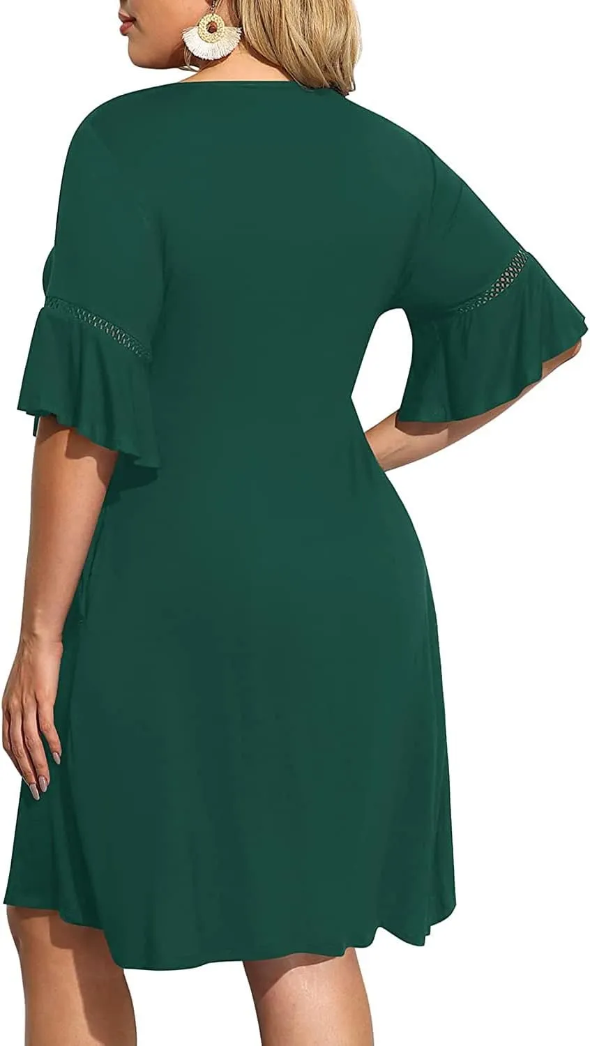 Pinup Fashion Women's Plus Size Bell Sleeve Round Neck Casual Summer Knit Babydoll Swing Sundress Pockets