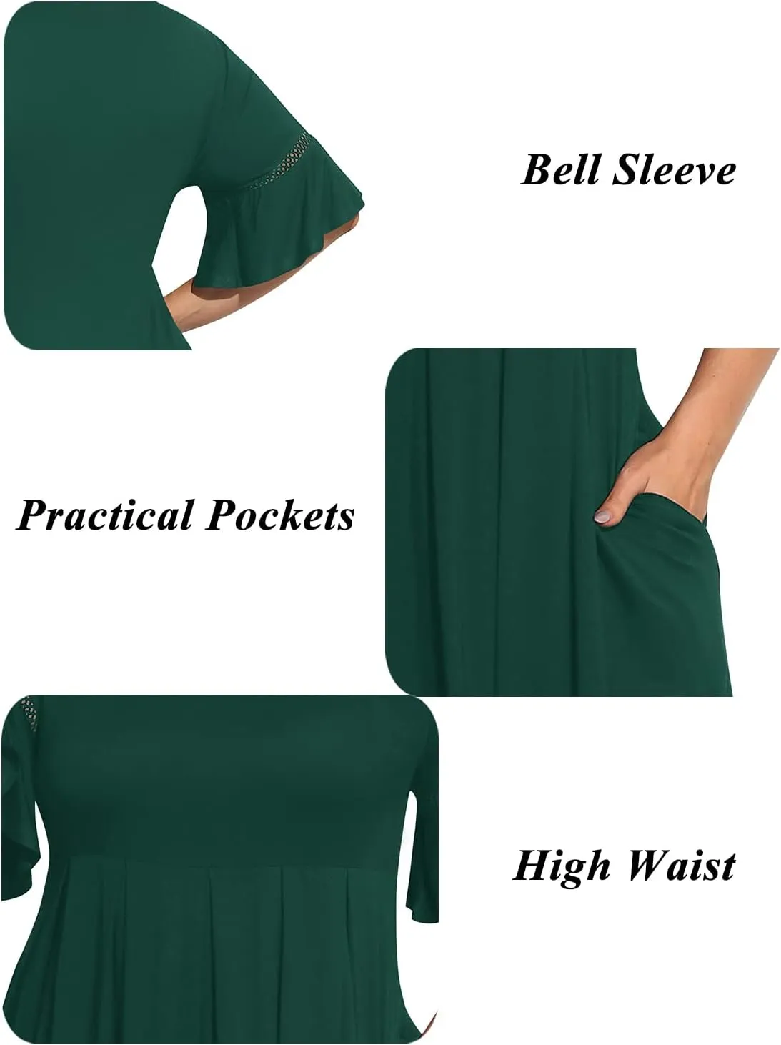 Pinup Fashion Women's Plus Size Bell Sleeve Round Neck Casual Summer Knit Babydoll Swing Sundress Pockets