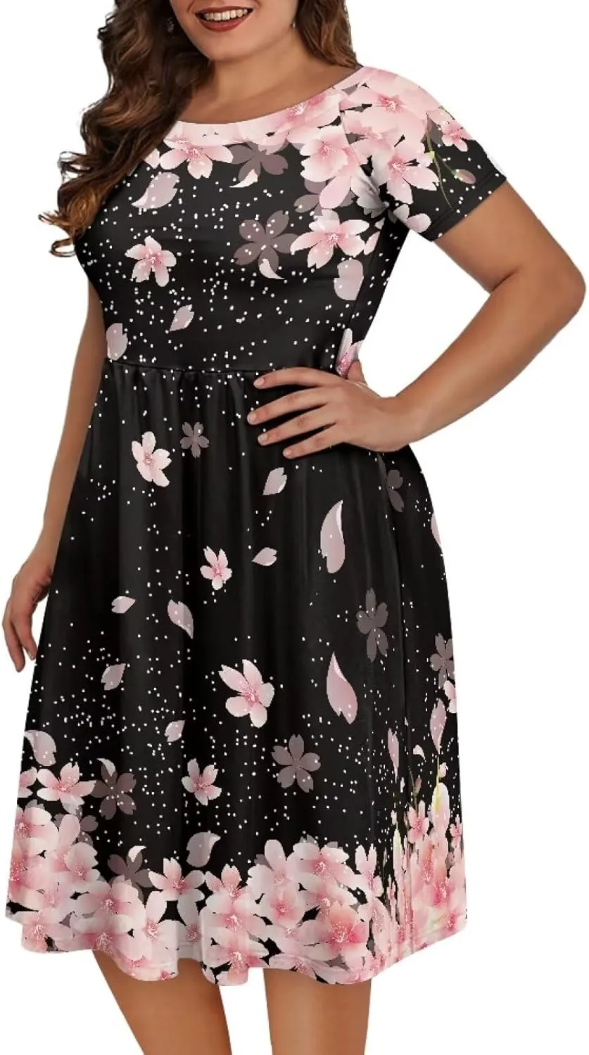 Plus Size Dress for Women Short Sleeve Midi Dress Casual Going Out Dresses XS-4XL