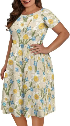 Plus Size Dress for Women Short Sleeve Midi Dress Casual Going Out Dresses XS-4XL