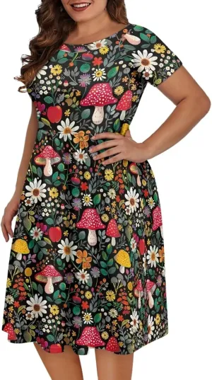 Plus Size Dress for Women Short Sleeve Midi Dress Casual Going Out Dresses XS-4XL