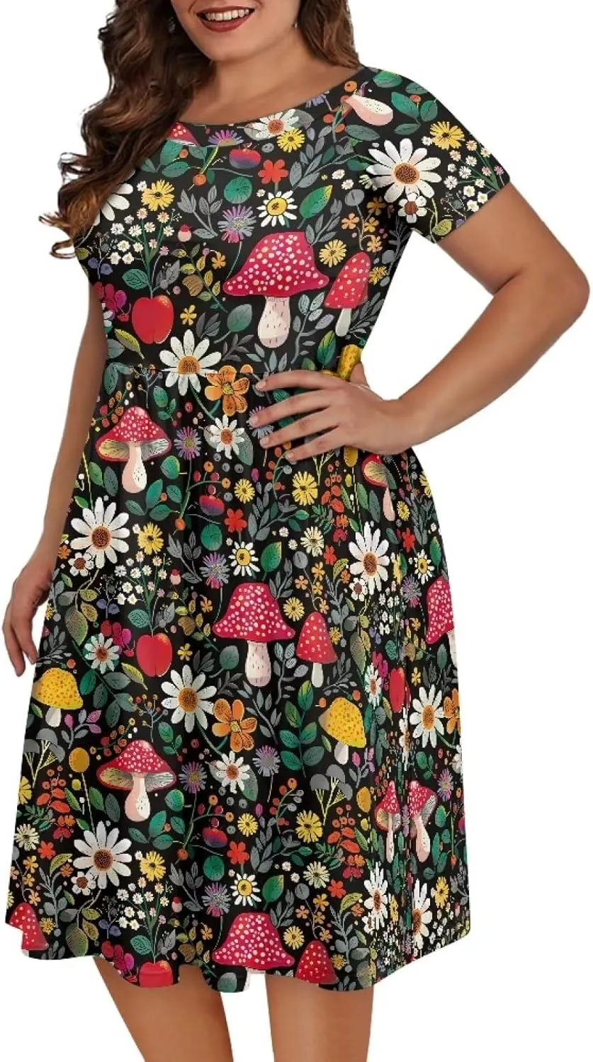 Plus Size Dress for Women Short Sleeve Midi Dress Casual Going Out Dresses XS-4XL
