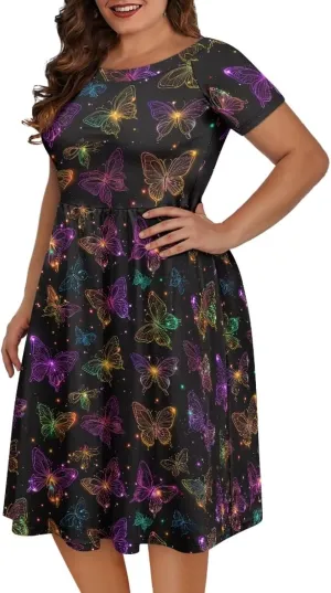 Plus Size Dress for Women Short Sleeve Midi Dress Casual Going Out Dresses XS-4XL