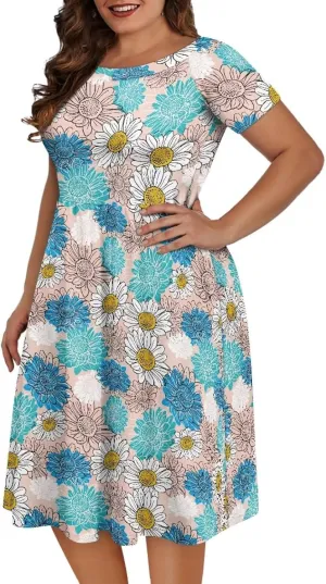 Plus Size Dress for Women Short Sleeve Midi Dress Casual Going Out Dresses XS-4XL