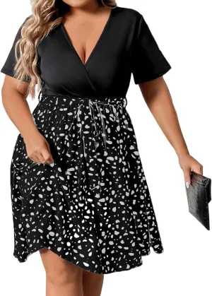 Plus Size Dresses for Curvy Women Short Sleeve Wrap V Neck Tie Waist Short Dress Swing A Line Mini Dress