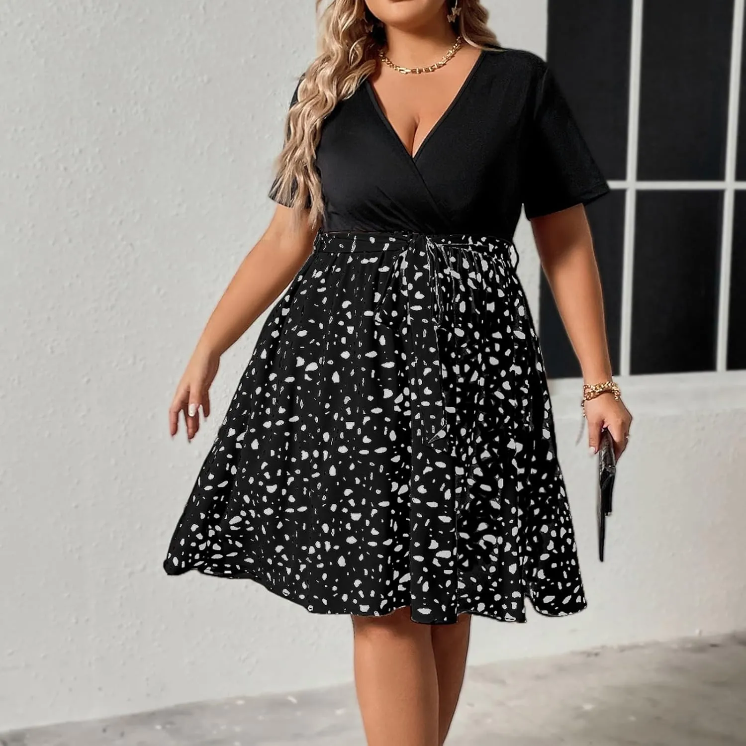 Plus Size Dresses for Curvy Women Short Sleeve Wrap V Neck Tie Waist Short Dress Swing A Line Mini Dress