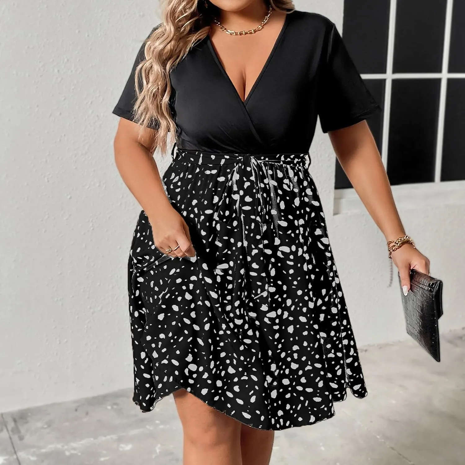 Plus Size Dresses for Curvy Women Short Sleeve Wrap V Neck Tie Waist Short Dress Swing A Line Mini Dress