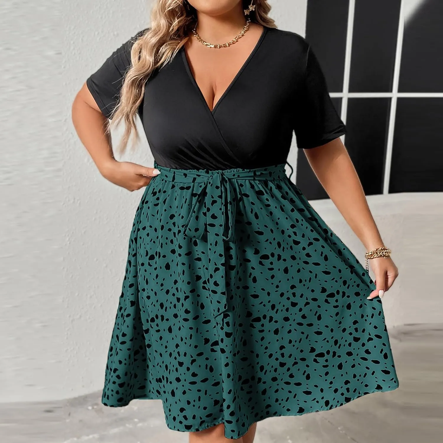 Plus Size Dresses for Curvy Women Short Sleeve Wrap V Neck Tie Waist Short Dress Swing A Line Mini Dress