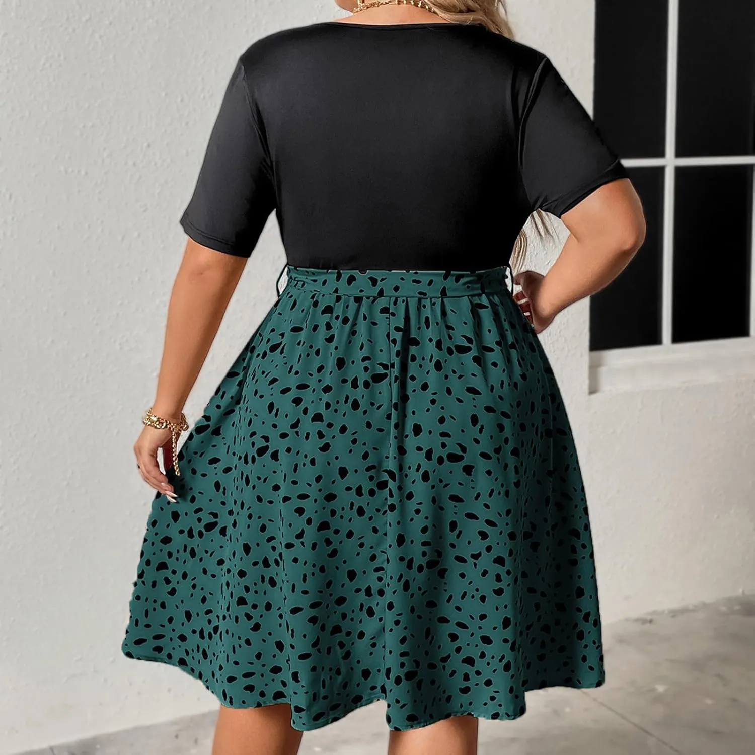 Plus Size Dresses for Curvy Women Short Sleeve Wrap V Neck Tie Waist Short Dress Swing A Line Mini Dress