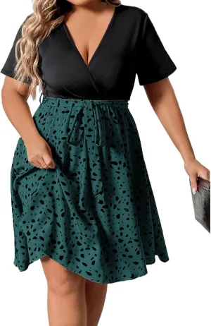 Plus Size Dresses for Curvy Women Short Sleeve Wrap V Neck Tie Waist Short Dress Swing A Line Mini Dress