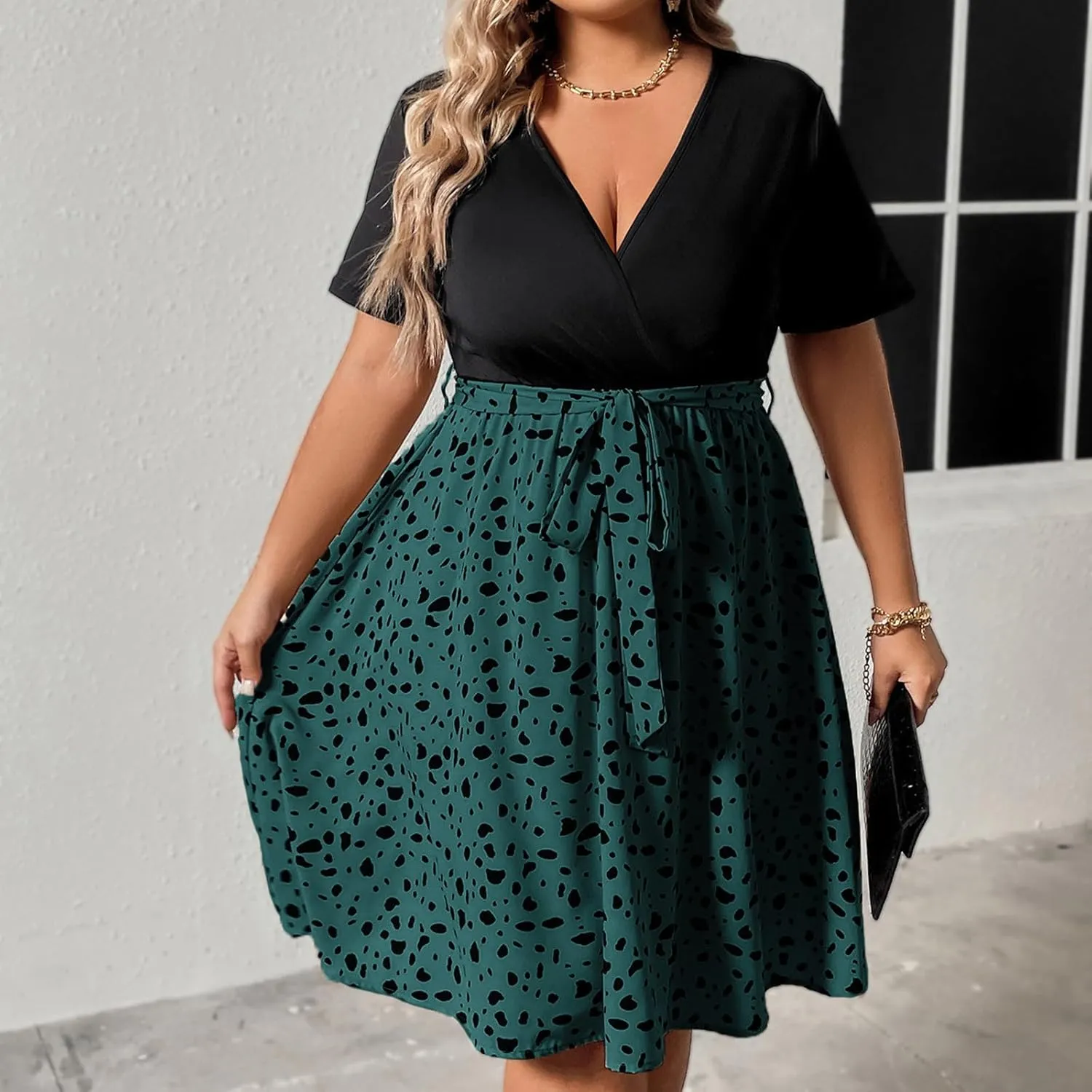Plus Size Dresses for Curvy Women Short Sleeve Wrap V Neck Tie Waist Short Dress Swing A Line Mini Dress