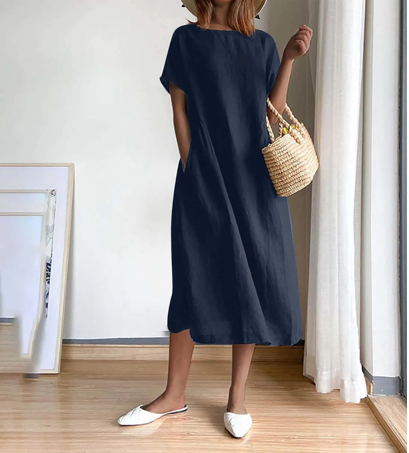 Plus Size Spring Dresses Casual Short Sleeve Loose Cotton Dress Comfy Crew Neck Midi Dress Beach Dress with Pockets