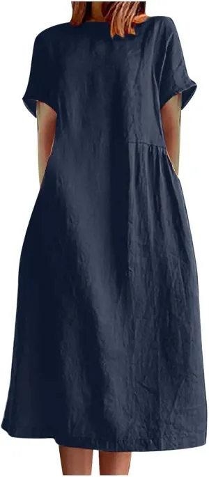 Plus Size Spring Dresses Casual Short Sleeve Loose Cotton Dress Comfy Crew Neck Midi Dress Beach Dress with Pockets