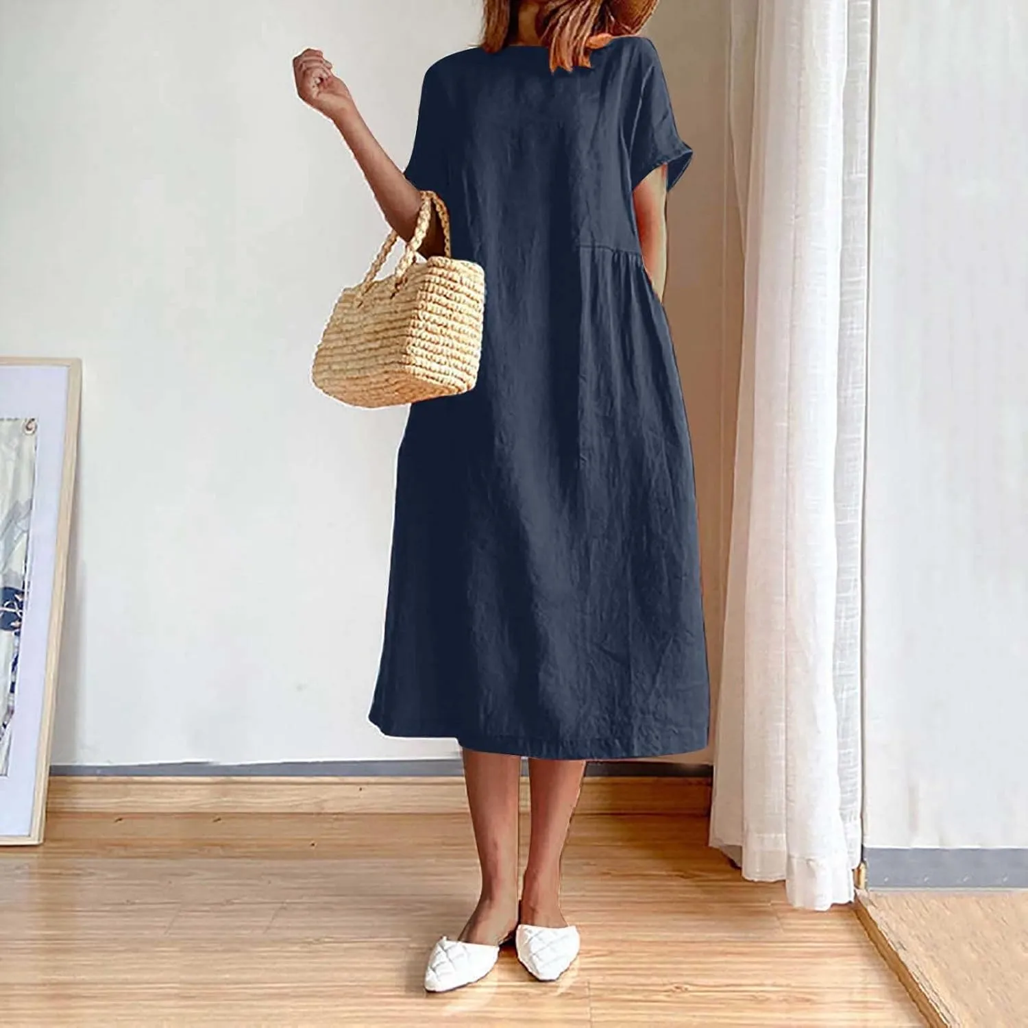 Plus Size Spring Dresses Casual Short Sleeve Loose Cotton Dress Comfy Crew Neck Midi Dress Beach Dress with Pockets