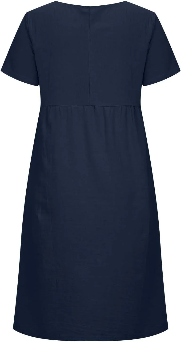 Plus Size Spring Dresses Casual Short Sleeve Loose Cotton Dress Comfy Crew Neck Midi Dress Beach Dress with Pockets