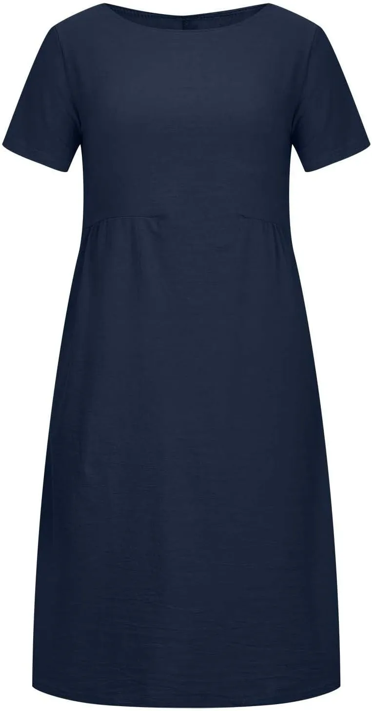 Plus Size Spring Dresses Casual Short Sleeve Loose Cotton Dress Comfy Crew Neck Midi Dress Beach Dress with Pockets
