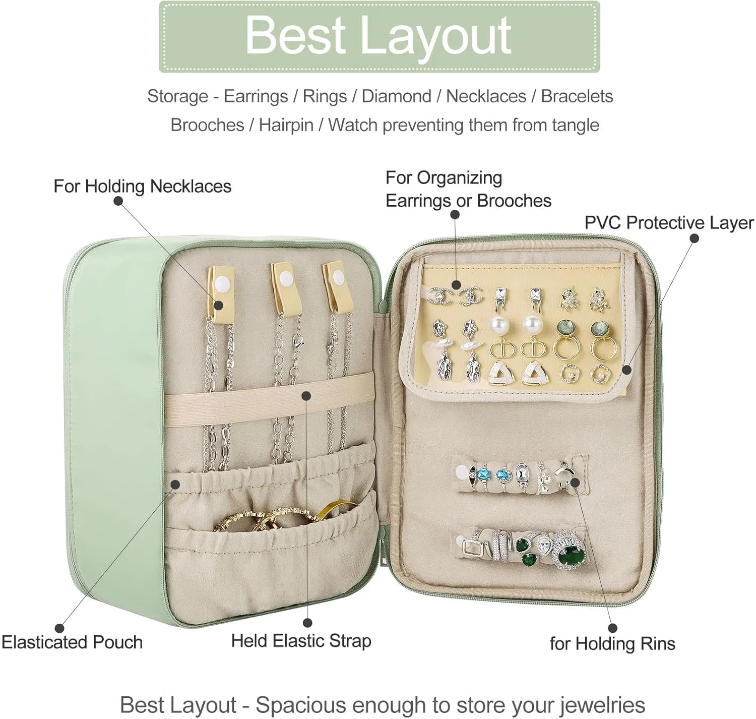 Pocmimut Makeup and Jewelry Bag,Travel Makeup Case for Women 2 in 1 Waterproof Brushes Bag for Earrings Necklaces Bracelets(Green)