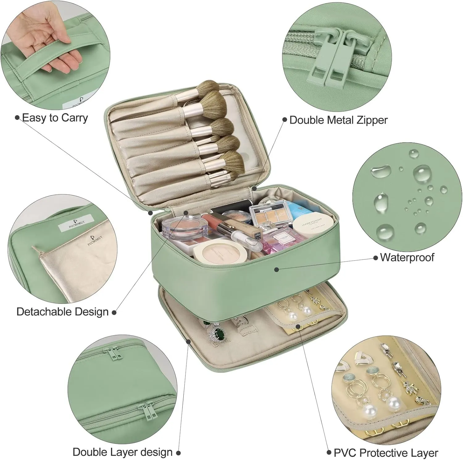 Pocmimut Makeup and Jewelry Bag,Travel Makeup Case for Women 2 in 1 Waterproof Brushes Bag for Earrings Necklaces Bracelets(Green)