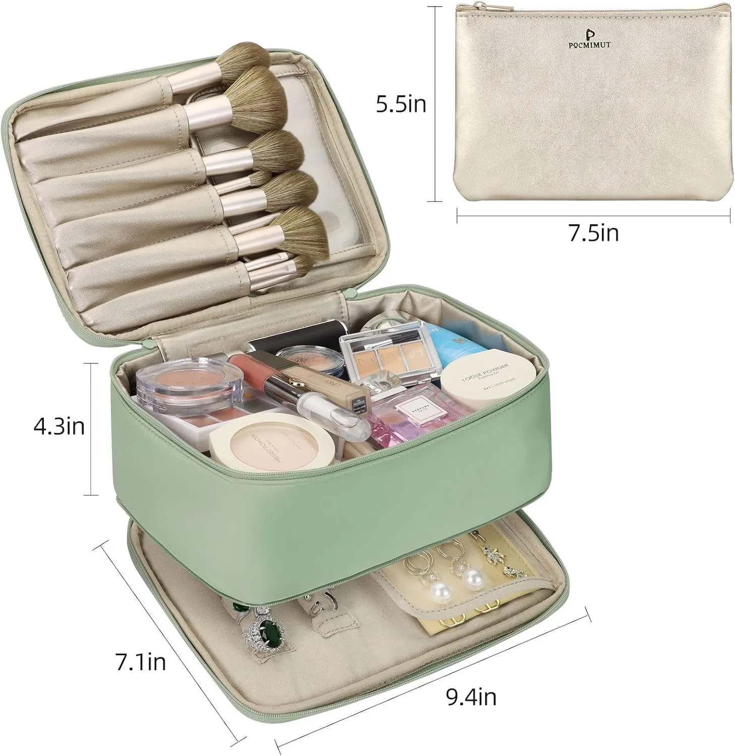 Pocmimut Makeup and Jewelry Bag,Travel Makeup Case for Women 2 in 1 Waterproof Brushes Bag for Earrings Necklaces Bracelets(Green)