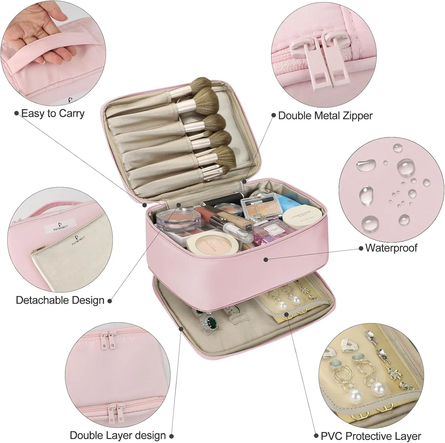 Pocmimut Makeup Bag and Jewelry Bag,Travel Makeup Case for Women 2 in 1 Waterproof Travel Make Up Case and Jewelry Bag Brushes for Earrings Necklaces Bracelets(Baby Pink)