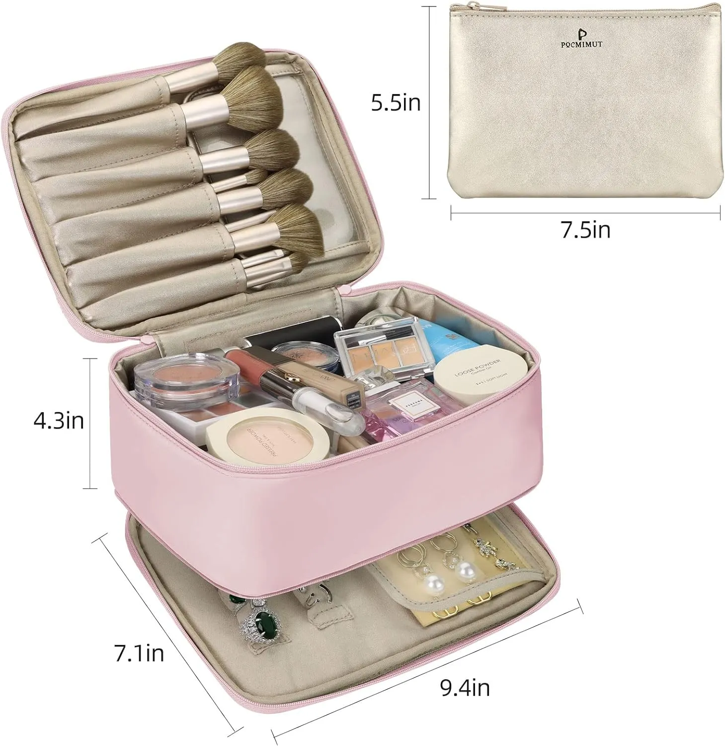 Pocmimut Makeup Bag and Jewelry Bag,Travel Makeup Case for Women 2 in 1 Waterproof Travel Make Up Case and Jewelry Bag Brushes for Earrings Necklaces Bracelets(Baby Pink)