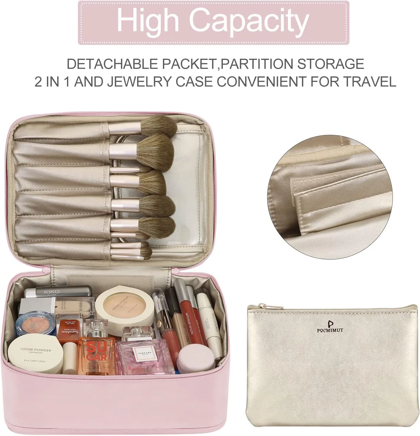 Pocmimut Makeup Bag and Jewelry Bag,Travel Makeup Case for Women 2 in 1 Waterproof Travel Make Up Case and Jewelry Bag Brushes for Earrings Necklaces Bracelets(Baby Pink)