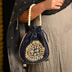 Potli Clutch Batawa Bag Purse Embroidered Embellished Handmade Traditional Ethnic Golden Work Wedding Wristlet Ladies Handbag for Girls Women for Party Wedding Special Occasion and Gifting (Blue)