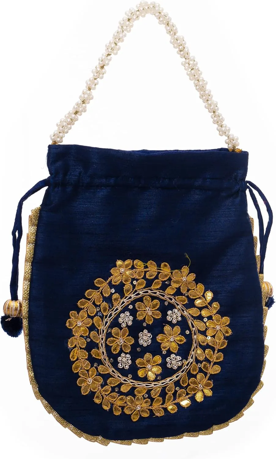 Potli Clutch Batawa Bag Purse Embroidered Embellished Handmade Traditional Ethnic Golden Work Wedding Wristlet Ladies Handbag for Girls Women for Party Wedding Special Occasion and Gifting (Blue)