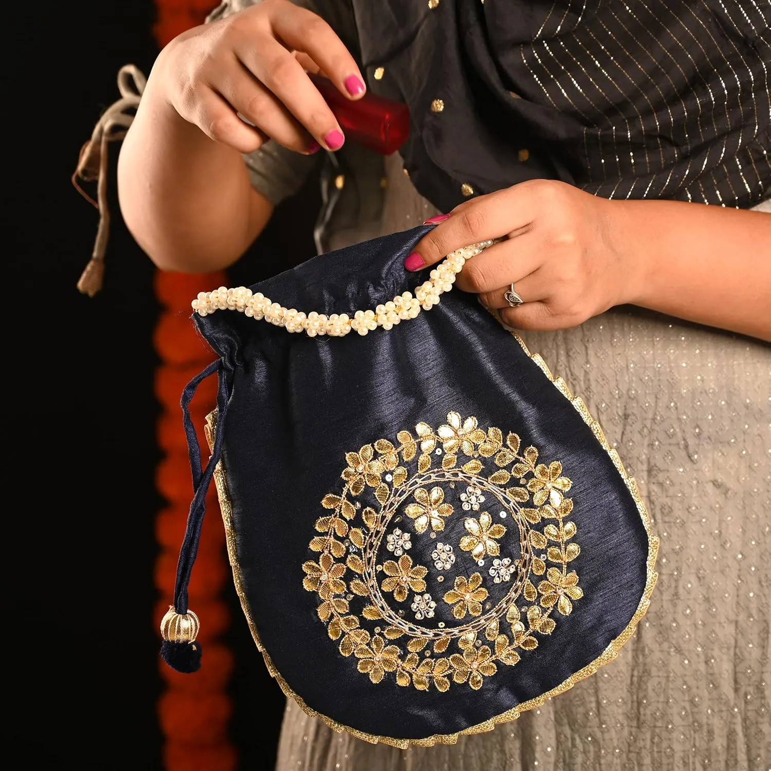 Potli Clutch Batawa Bag Purse Embroidered Embellished Handmade Traditional Ethnic Golden Work Wedding Wristlet Ladies Handbag for Girls Women for Party Wedding Special Occasion and Gifting (Blue)