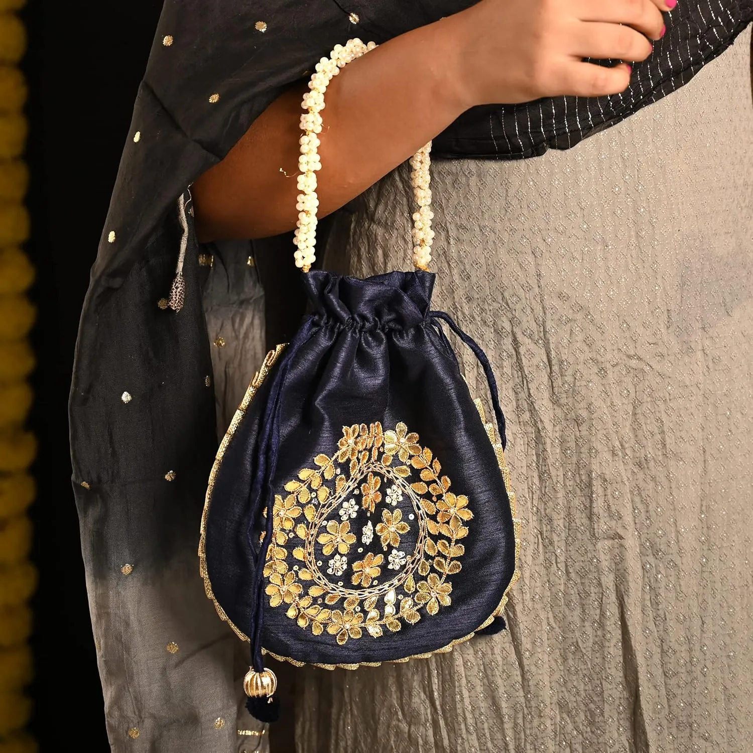 Potli Clutch Batawa Bag Purse Embroidered Embellished Handmade Traditional Ethnic Golden Work Wedding Wristlet Ladies Handbag for Girls Women for Party Wedding Special Occasion and Gifting (Blue)