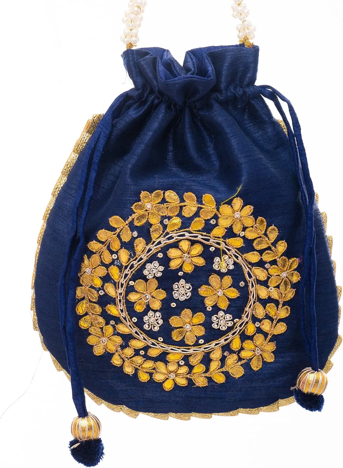 Potli Clutch Batawa Bag Purse Embroidered Embellished Handmade Traditional Ethnic Golden Work Wedding Wristlet Ladies Handbag for Girls Women for Party Wedding Special Occasion and Gifting (Blue)