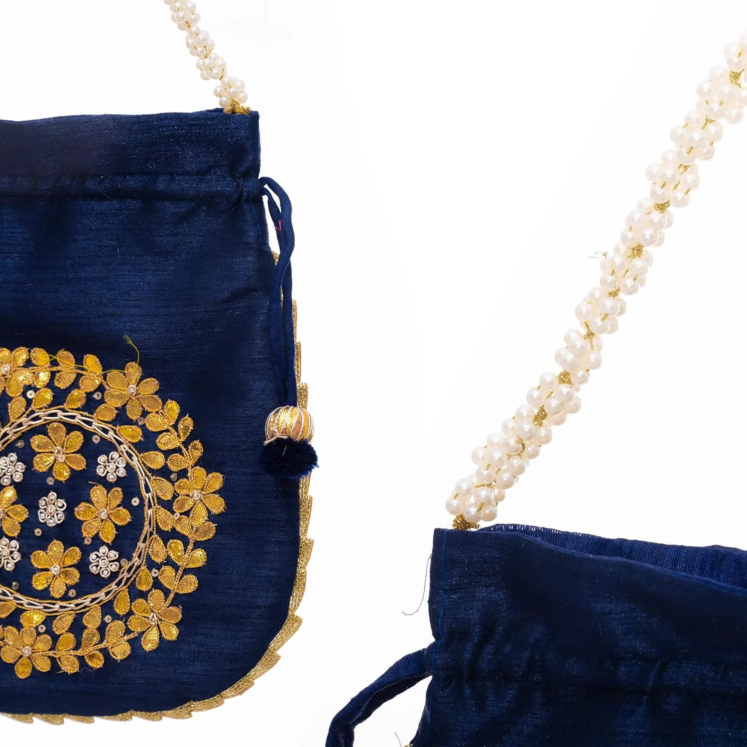 Potli Clutch Batawa Bag Purse Embroidered Embellished Handmade Traditional Ethnic Golden Work Wedding Wristlet Ladies Handbag for Girls Women for Party Wedding Special Occasion and Gifting (Blue)